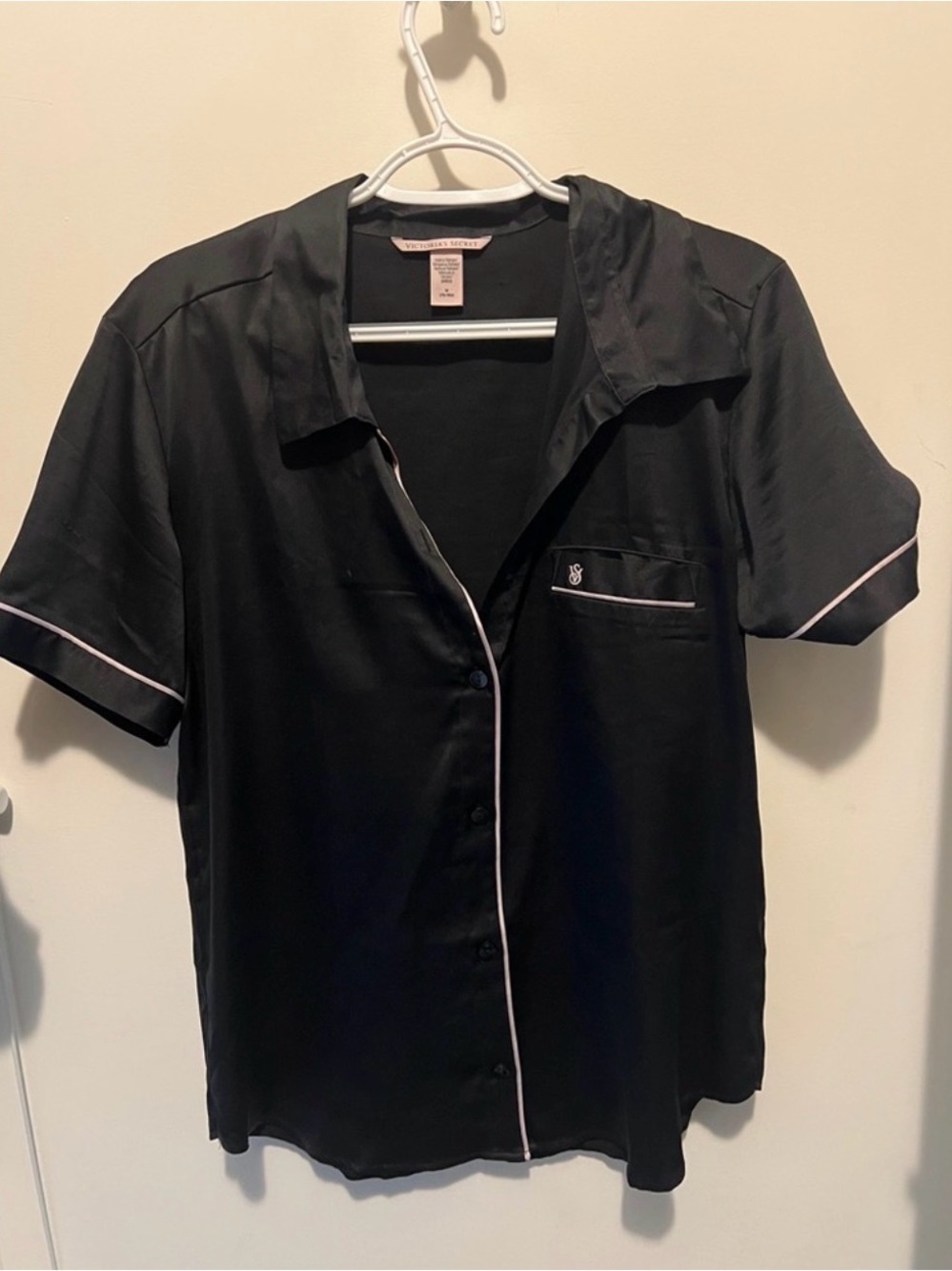 Victoria's Secret Black Satin Short Sleeve Button-Up with Pale Pink Piping